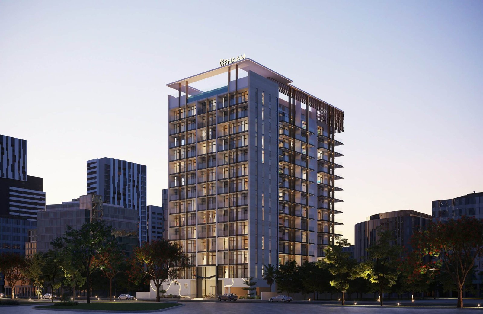 Azra Residence by Enaam Properties at dusk, DLRC Dubai