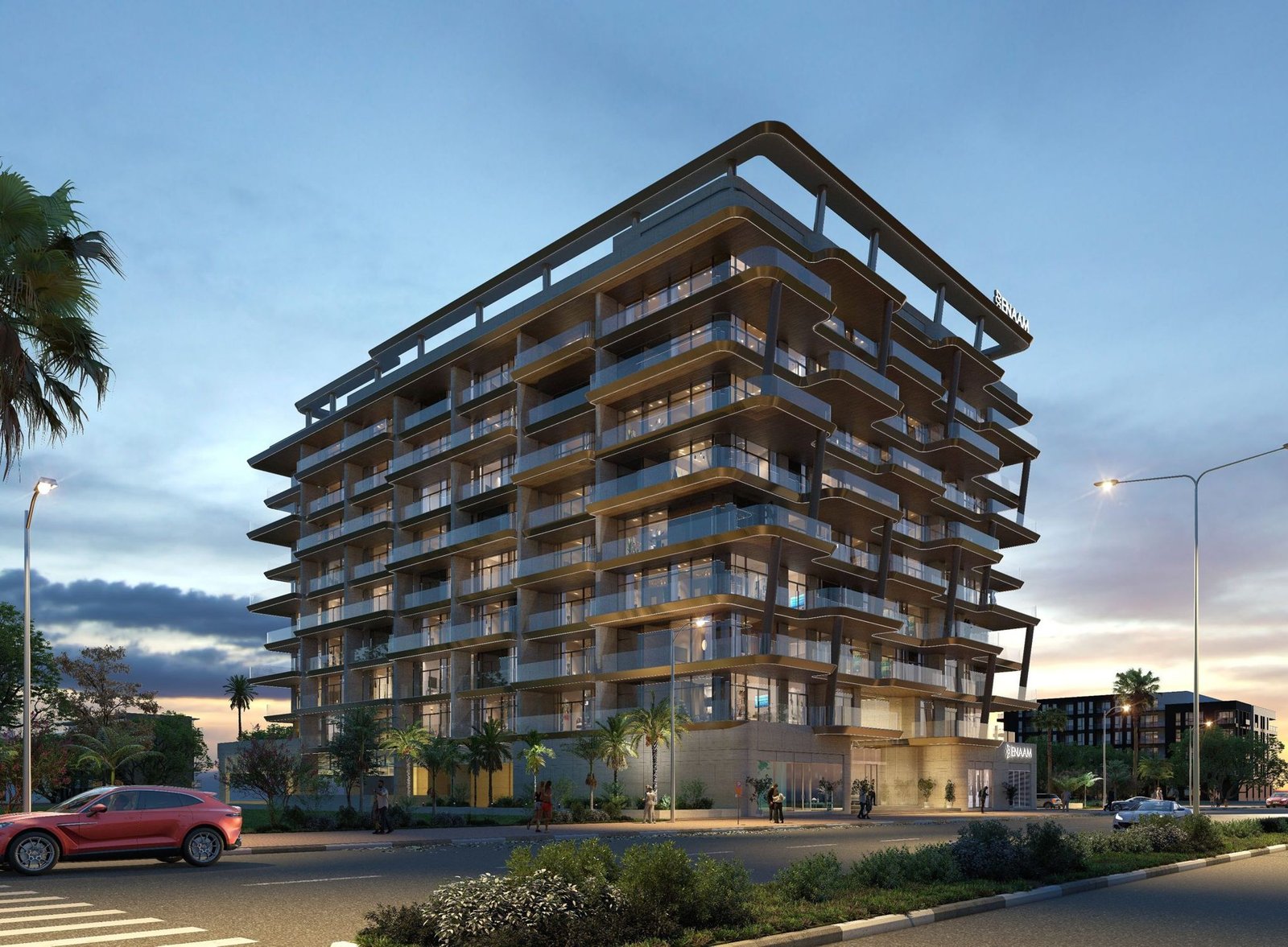 Elyra Residences corner view at dusk, Dubai Silicon Oasis